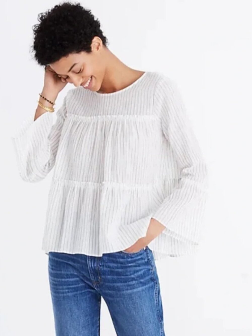 Madewell striped tiered bell-sleeve top sheer white cotton S